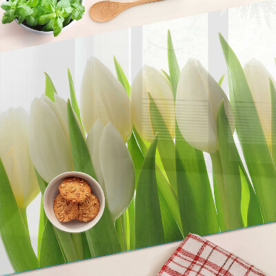 Skleněná deska do kuchyně Tulipány na pozadí zelených listů