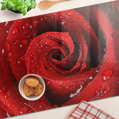 Skleněná krájecí deska Červená růže s kapkami vody