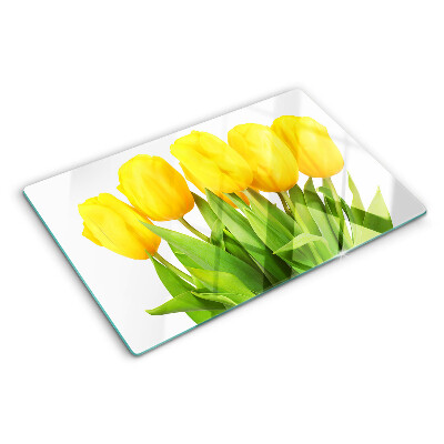 Krájecí prkénko skleněné Žluté tulipány na zeleném pozadí