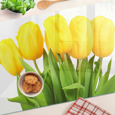 Krájecí prkénko skleněné Žluté tulipány na zeleném pozadí
