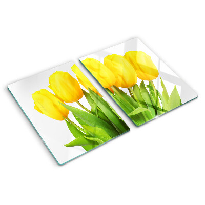 Krájecí prkénko skleněné Žluté tulipány na zeleném pozadí