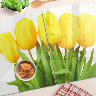 Krájecí prkénko skleněné Žluté tulipány na zeleném pozadí