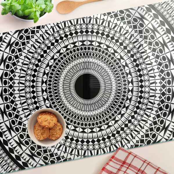 Skleněná deska do kuchyně Mandala v odstínech černé a bílé