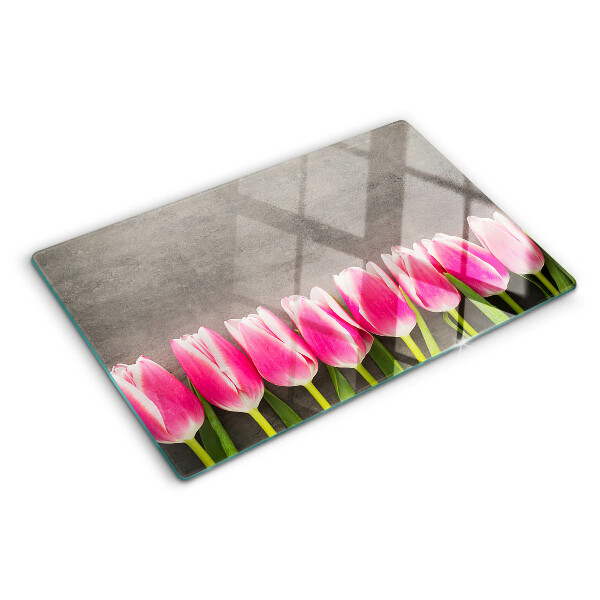 Skleněné krájecí prkénko Tulipány na šedém pozadí