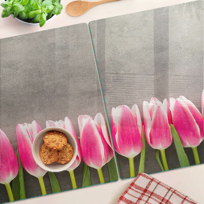 Skleněné krájecí prkénko Tulipány na šedém pozadí