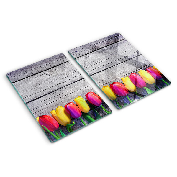 Skleněné krájecí prkénko Tulipány na dřevěném pozadí