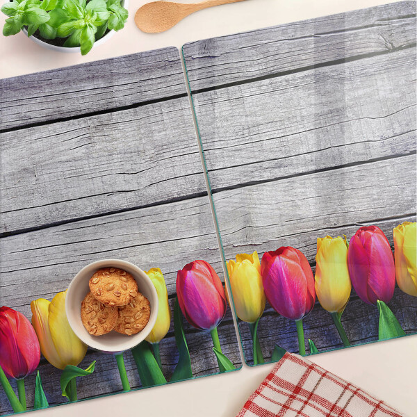 Skleněné krájecí prkénko Tulipány na dřevěném pozadí