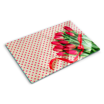 Skleněné krájecí prkénko Tulipány se srdíčky a stuhou