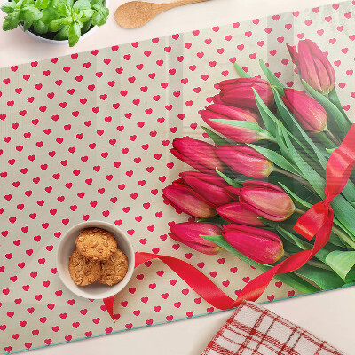 Skleněné krájecí prkénko Tulipány se srdíčky a stuhou