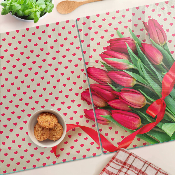Skleněné krájecí prkénko Tulipány se srdíčky a stuhou