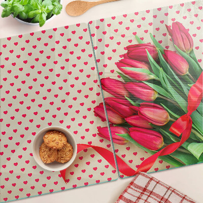 Skleněné krájecí prkénko Tulipány se srdíčky a stuhou