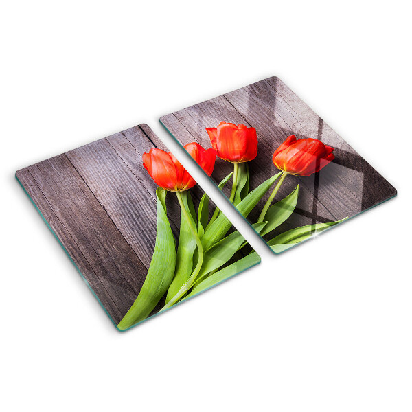 Skleněná deska do kuchyně Tulipány na dřevěném pozadí