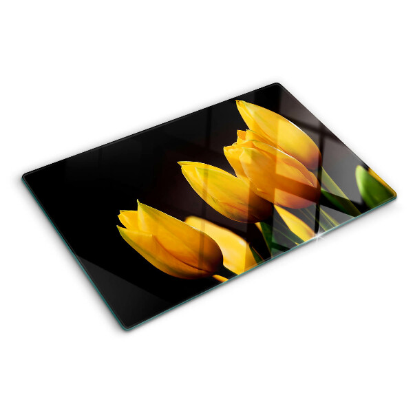 Krájecí prkénko skleněné Žluté tulipány na černém pozadí