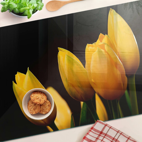 Krájecí prkénko skleněné Žluté tulipány na černém pozadí