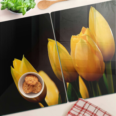 Krájecí prkénko skleněné Žluté tulipány na černém pozadí