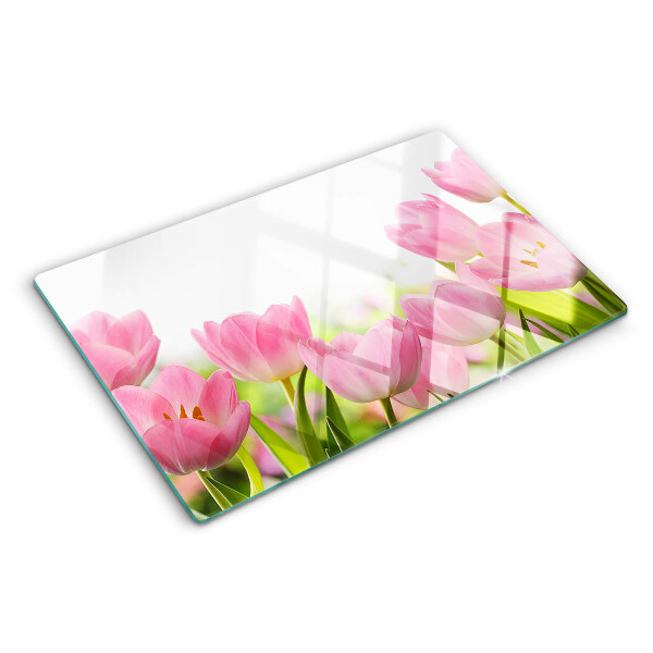 Krájecí prkénko skleněné Růžové tulipány v zahradě