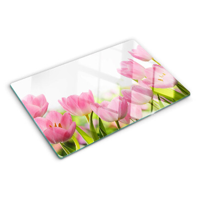 Krájecí prkénko skleněné Růžové tulipány v zahradě