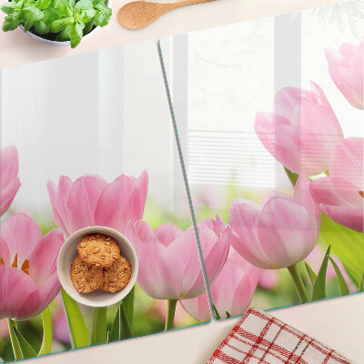 Krájecí prkénko skleněné Růžové tulipány v zahradě