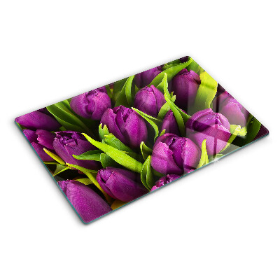Krájecí prkénko skleněné Fialové tulipány se zelenými listy