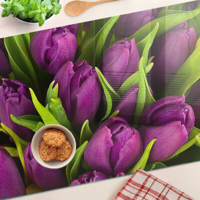 Krájecí prkénko skleněné Fialové tulipány se zelenými listy