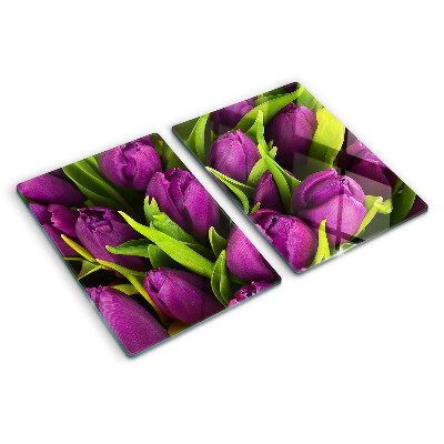 Krájecí prkénko skleněné Fialové tulipány se zelenými listy