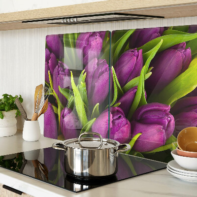 Krájecí prkénko skleněné Fialové tulipány se zelenými listy