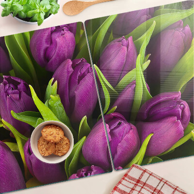 Krájecí prkénko skleněné Fialové tulipány se zelenými listy