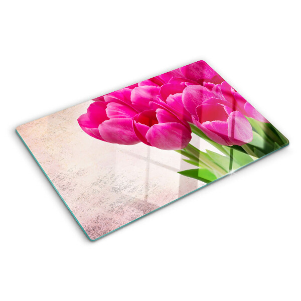 Krájecí prkénko skleněné Tulipánové květy na růžovém pozadí