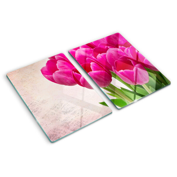 Krájecí prkénko skleněné Tulipánové květy na růžovém pozadí