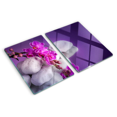 Skleněná deska do kuchyně Květy orchidejí na pozadí kamenů