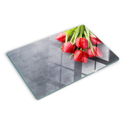 Skleněné krájecí prkénko Tulipány na šedém pozadí