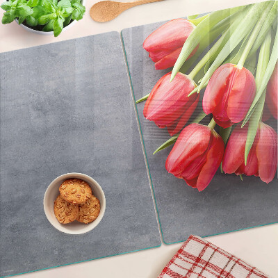 Skleněné krájecí prkénko Tulipány na šedém pozadí