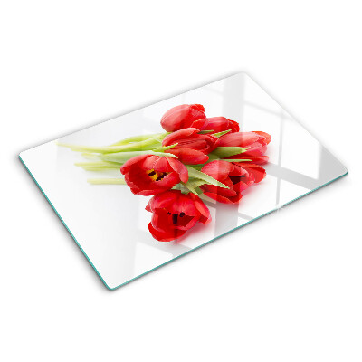 Krájecí prkénko skleněné Červené tulipány na bílém pozadí