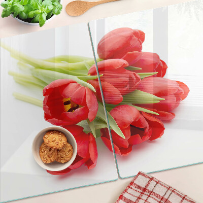 Krájecí prkénko skleněné Červené tulipány na bílém pozadí