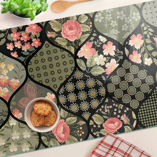 Skleněná deska do kuchyně Květinový patchwork s geometrickými vzory