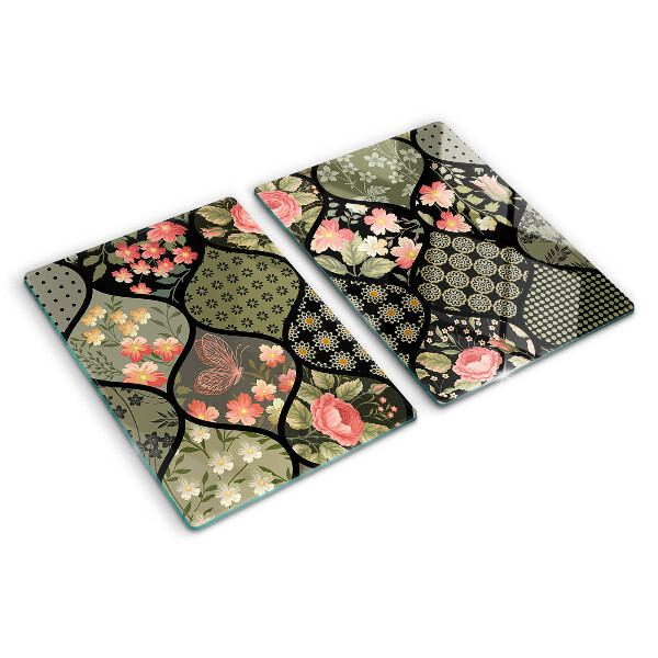 Skleněná deska do kuchyně Květinový patchwork s geometrickými vzory