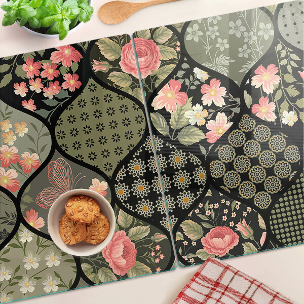 Skleněná deska do kuchyně Květinový patchwork s geometrickými vzory