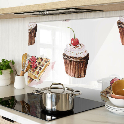 Skleněná deska do kuchyně Vafle a cupcakes s třešněmi