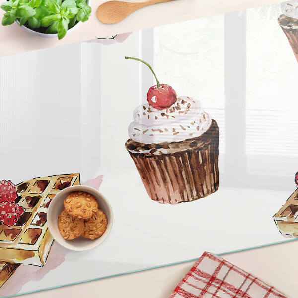 Skleněná deska do kuchyně Vafle a cupcakes s třešněmi