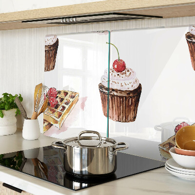 Skleněná deska do kuchyně Vafle a cupcakes s třešněmi