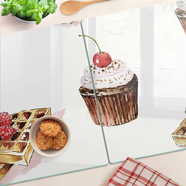 Skleněná deska do kuchyně Vafle a cupcakes s třešněmi