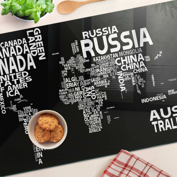Skleněná deska do kuchyně Mapa světa s názvy zemí