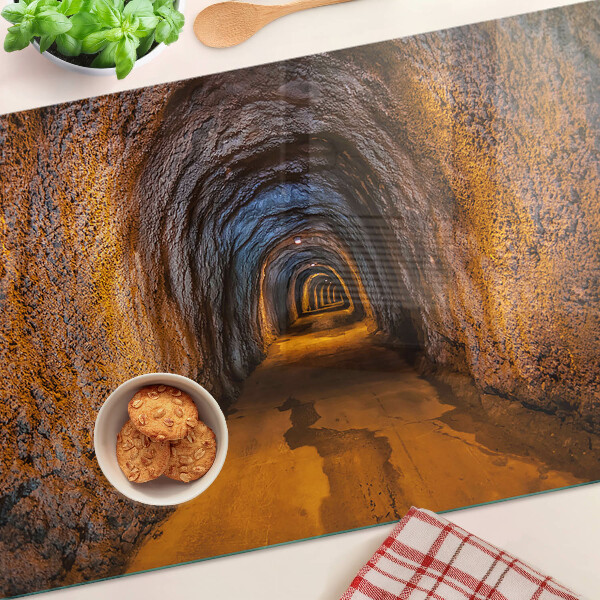 Skleněná deska do kuchyně Tunel v jeskyni s osvětlením