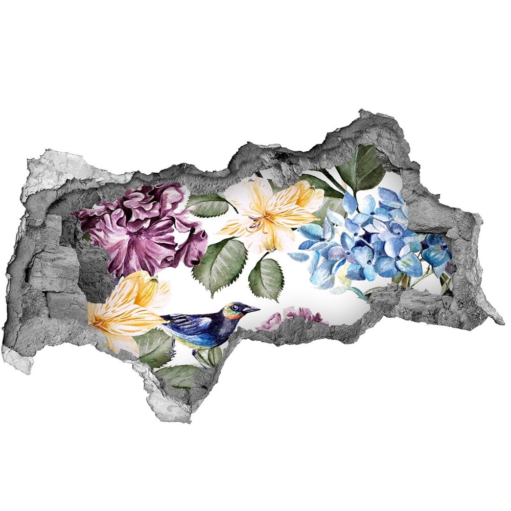 Nálepka 3D díra na zeď Květiny a ptáci