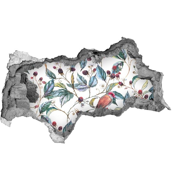 Nálepka 3D díra na zeď Pták mezi ostružinami