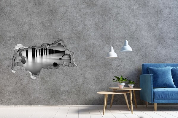 Díra 3D ve zdi nálepka Zapuštěné molo v monochromatickém prostředí