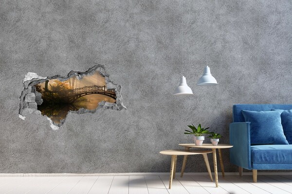 Díra 3D ve zdi nálepka Most v mlhavém parku