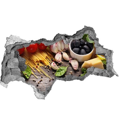 Nálepka 3D díra na zeď Italská kuchyně s těstovinami a česnekem