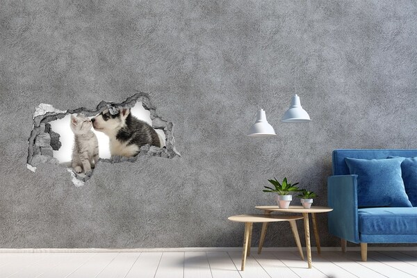 Díra 3D fototapeta nálepka Pes a kočka