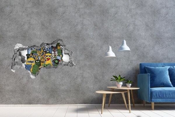 Foto fotografie díra na zeď Barevné příšery v díře ve zdi